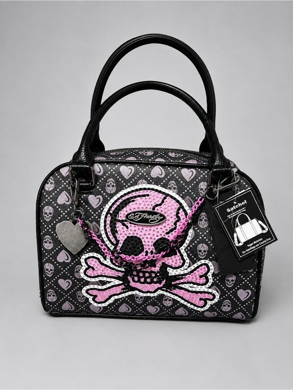Ed Hardy Black Pink Purple Rhinestone Skull Heart Satchel Charm Zip Strap